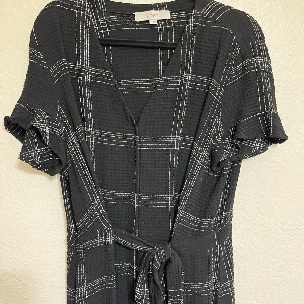 LOFT Window pane black dress with front tie